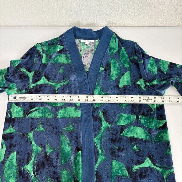 Chicos Cardigan Size 1 US M Green Blue Geometric Open Front Slinky 3/4 Sleeve - Picture 9 of 10
